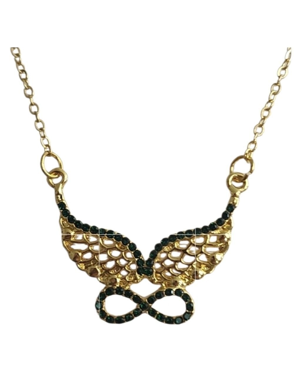 Gold Tone Green Winged Infinity Necklace